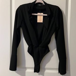 Missguided plunge collared bodysuit with flare sleeve
